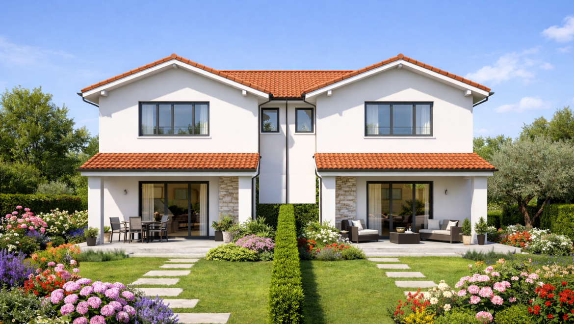 foto indicativa di due bifamiliari con siepe in giardino